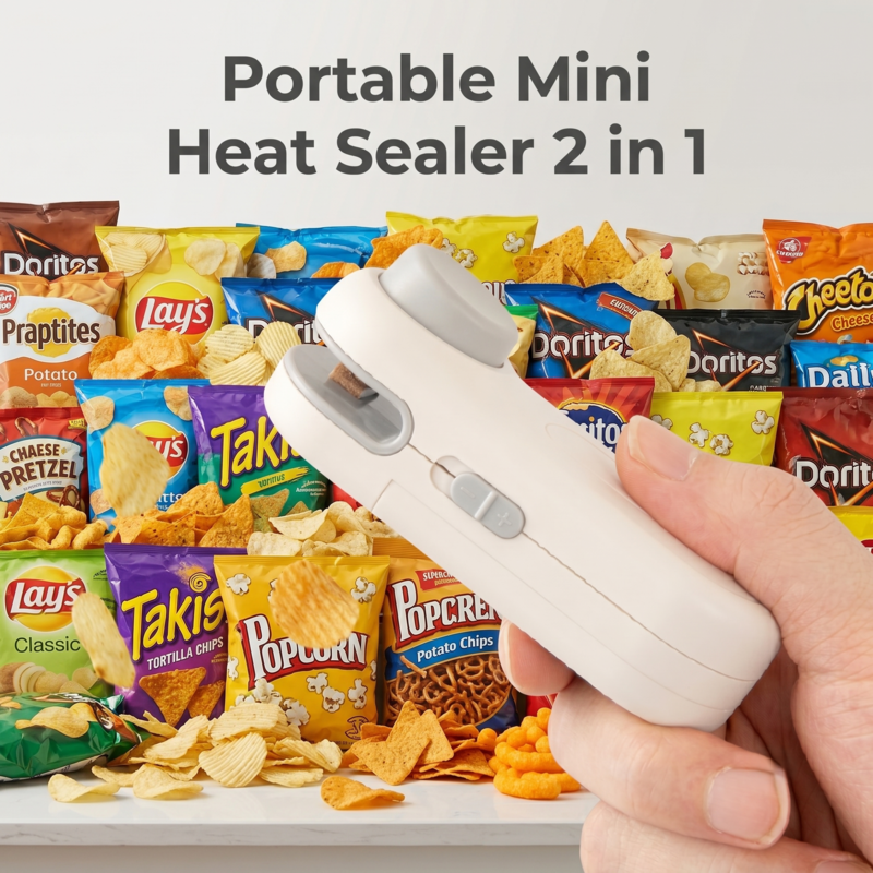 Hand holding the white Alphinea portable mini heat sealer 2-in-1 tool in front of a variety of assorted chip and snack bags, demonstrating everyday kitchen use.