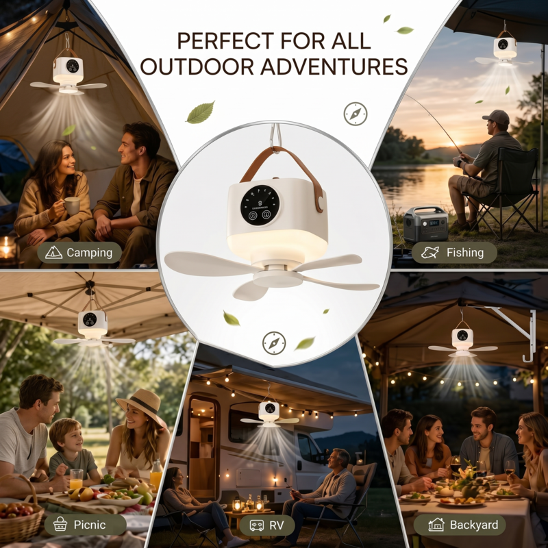 Collage illustrant la polyvalence du ventilateur portable Alphinea, utilisé pour le camping sous tente, les voyages en camping-car, les pique-niques en plein air et les terrasses de jardin.
