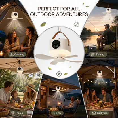 Collage illustrant la polyvalence du ventilateur portable Alphinea, utilisé pour le camping sous tente, les voyages en camping-car, les pique-niques en plein air et les terrasses de jardin.