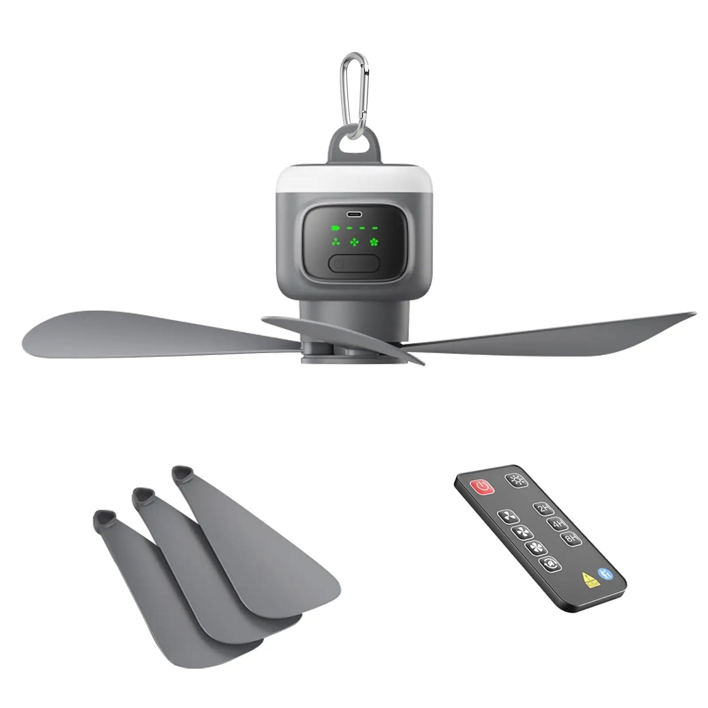 Ventilateur suspendu portable rechargeable Alphinea gris, doté d'un mousqueton sur le dessus, de pales fixées, de trois pales de rechange détachables et d'une télécommande sur fond blanc uni.
