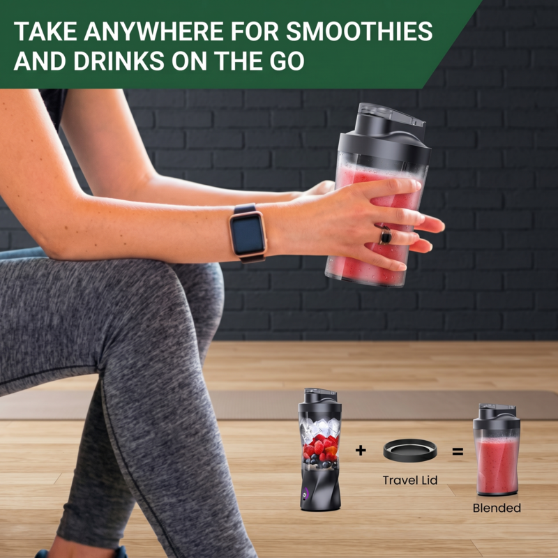 A woman holding the Alphinea travel blender while sitting in a gym setting, demonstrating its intelligent cordless tech and leak-proof design that allows you to take smoothies and drinks anywhere on the go.