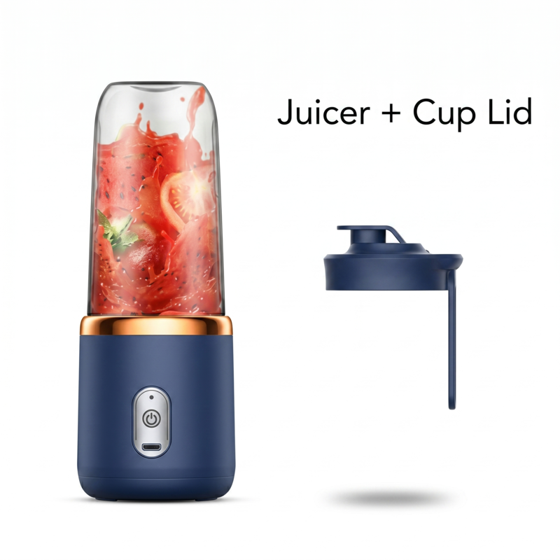 Alphinea Portable USB Personal Blender in blue, showcasing the compact, balanced design. It features the blending cup filled with a fruit smoothie and the separate travel lid that allows you to blend and exit without delay.