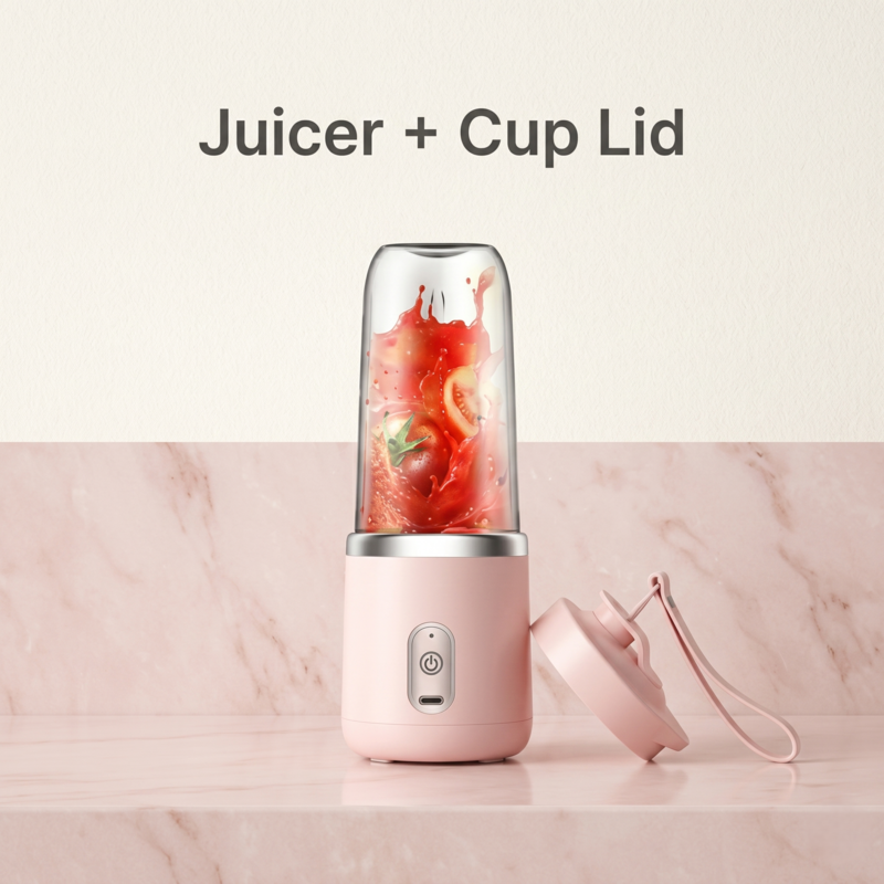 Alphinea Portable USB Personal Blender in pink, featuring a freshly blended red smoothie. The image highlights the high-velocity motor base and the interchangeable premium travel cup lid for liquid mobility.