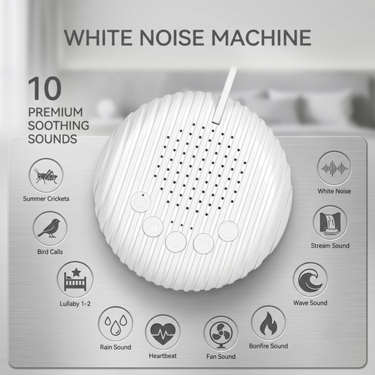 Alphinea portable white noise machine highlighting 10 premium soothing sounds including lullabies, heartbeat, and nature sleep sounds.