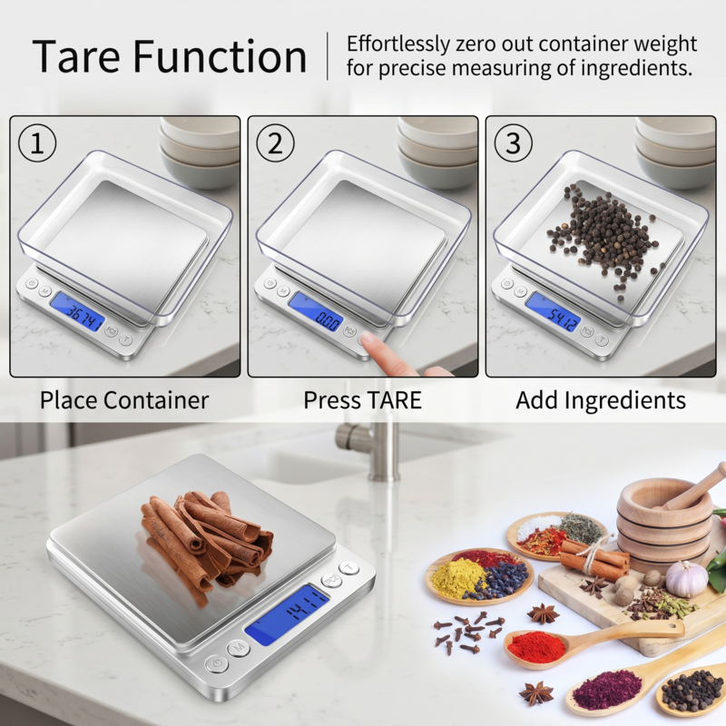 Die digitale Küchenwaage von Alphinea zeigt die einzelnen Schritte der Tara-Funktion: Ein Gefäß platzieren, die Tara-Taste drücken und Zimtstangen und Gewürze präzise abmessen.