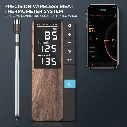 Alphinea precision wireless meat thermometer system featuring a wood-grain digital display hub, a stainless steel dual-sensor probe, and smart smartphone app integration.