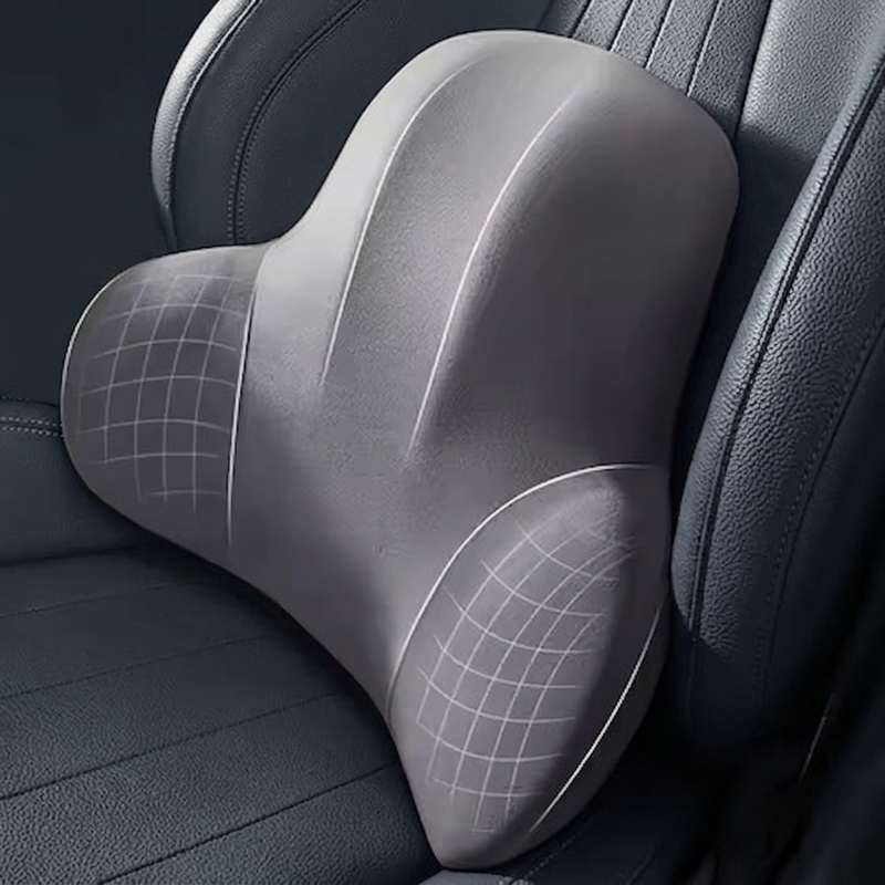Detailed view of the gray Alphinea contoured lumbar cushion on a dark car seat, highlighting the breathable advanced airflow textile and ergonomic S-curve design that prevents slouching.