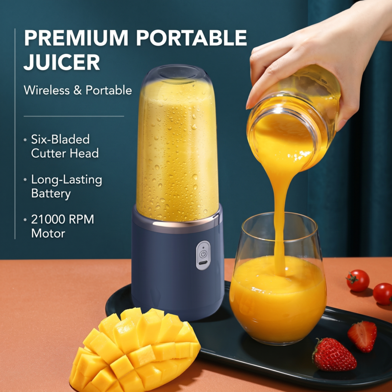 Pouring a fresh mango smoothie from the Alphinea premium portable juicer, showcasing its wireless design and powerful 21,000 RPM motor.