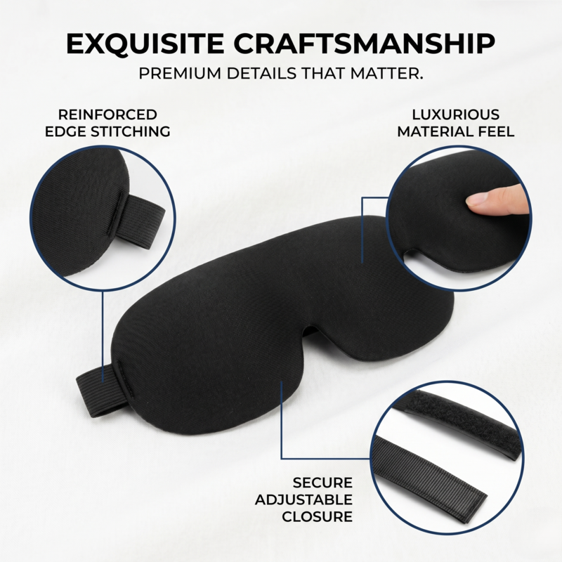 Close-up of the Alphinea sleep mask detailing exquisite craftsmanship, reinforced stitching, and secure adjustable closure.