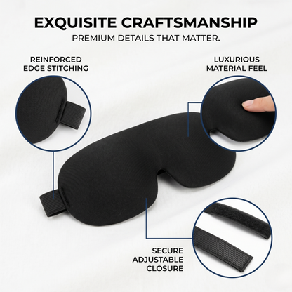 Close-up of the Alphinea sleep mask detailing exquisite craftsmanship, reinforced stitching, and secure adjustable closure.