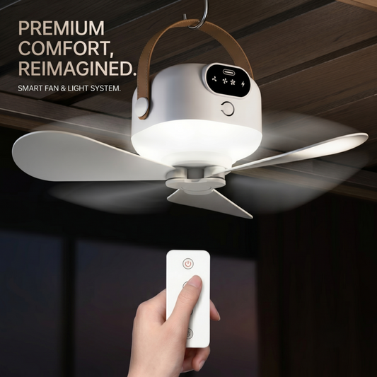 Alphinea premium smart camping fan and light system hanging overhead, being operated by a handheld remote control.