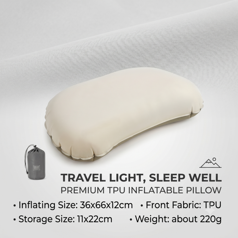 Ensemble oreiller de couchage gonflable Alphinea en TPU de qualité supérieure et sac de voyage, avec des spécifications de taille de gonflage, de taille de rangement et de poids pour voyager léger.