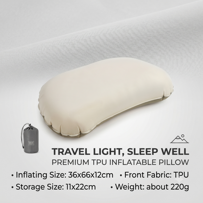 Ensemble oreiller de couchage gonflable Alphinea en TPU de qualité supérieure et sac de voyage, avec des spécifications de taille de gonflage, de taille de rangement et de poids pour voyager léger.