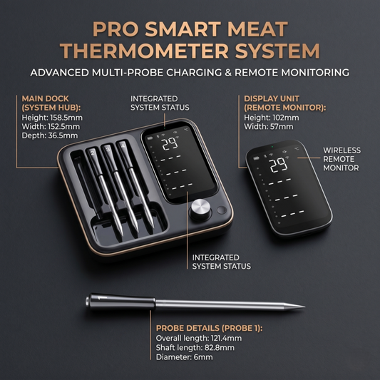 Alphinea Pro Smart Meat Thermometer System featuring a 4-probe charging hub, integrated digital display, and wireless remote monitor for precision grilling.