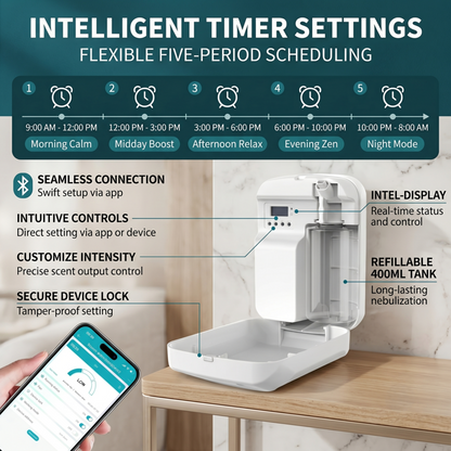 Vue interne du diffuseur Alphinea montrant l'écran LCD, la programmation intelligente à cinq périodes et les commandes d'intensité personnalisables.