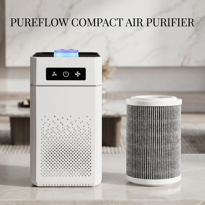 Purificateur d'air compact Alphinea Pureflow présenté sur une surface en marbre à côté de son filtre de rechange cylindrique autonome.
