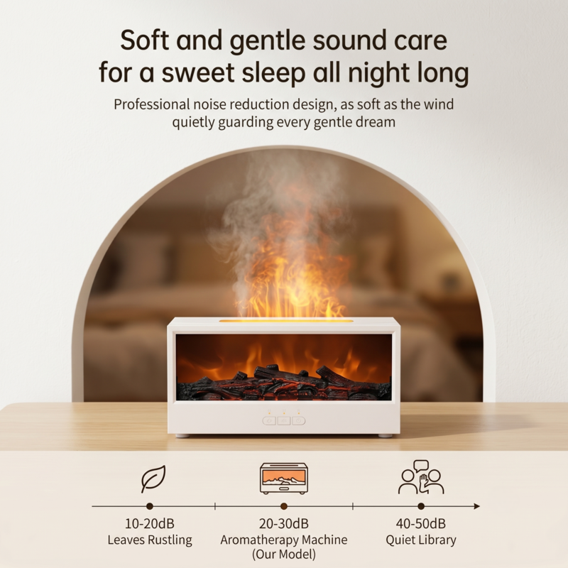 Humidificateur de chambre ultra-silencieux White Alphinea avec effet flamme, à poser sur une table de chevet pour un sommeil réparateur.