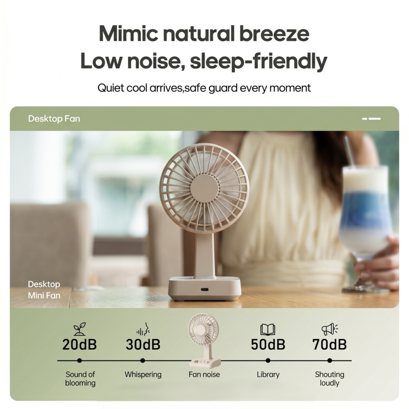 Ventilateur de bureau silencieux Khaki Alphinea, fonctionnant en silence dans un cadre domestique apaisant, offrant une brise naturelle propice au sommeil.