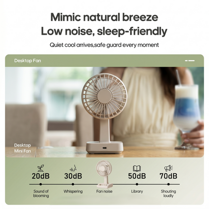 Ventilateur de bureau silencieux Khaki Alphinea, fonctionnant en silence dans un cadre domestique apaisant, offrant une brise naturelle propice au sommeil.