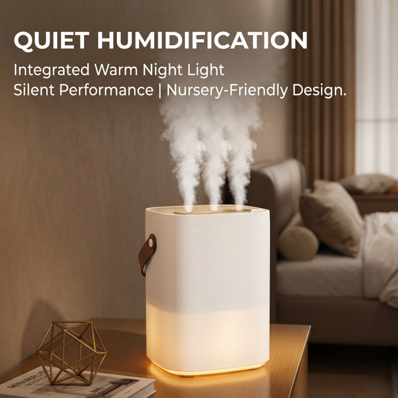 Alphinea quiet nursery humidifier with integrated warm night light emitting three jets of fine mist on a bedside table.