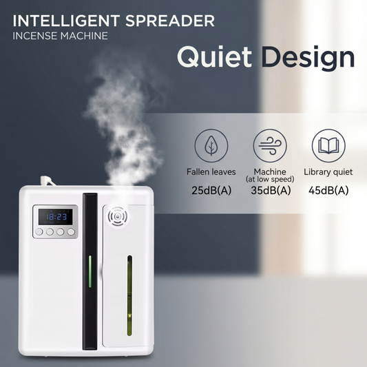 Alphinea smart essential oil diffuser emitting mist, featuring an ultra-quiet design under 35 decibels for peaceful home or office environments.