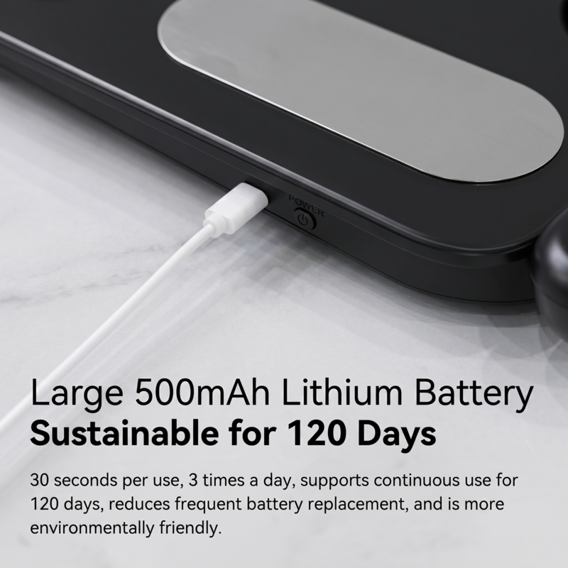 Balance connectée Alphinea avec batterie au lithium de 500 mAh pour une utilisation prolongée.