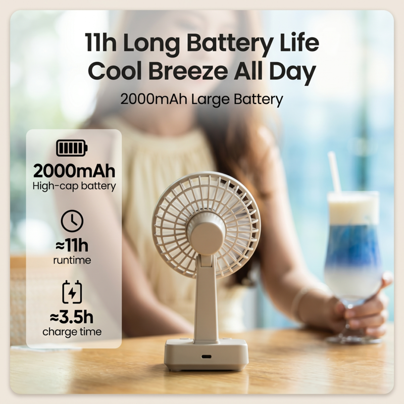 Rechargeable Alphinea desk fan featuring an 11-hour, 2000mAh long-lasting battery, styled next to a refreshing summer iced drink.