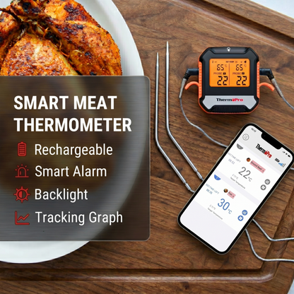 Présentation des caractéristiques du thermomètre à viande intelligent Alphinea, notamment sa batterie rechargeable, ses fonctions d'alarme intelligente, son écran rétroéclairé et son graphique de suivi de température mobile.