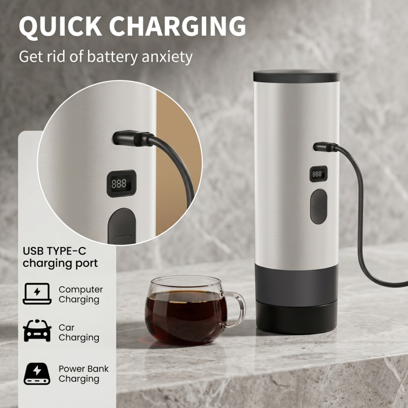 Machine à expresso rechargeable Alphinea branchée avec un câble USB Type-C, illustrant sa compatibilité avec la charge rapide via un ordinateur, un chargeur de voiture ou une batterie externe.