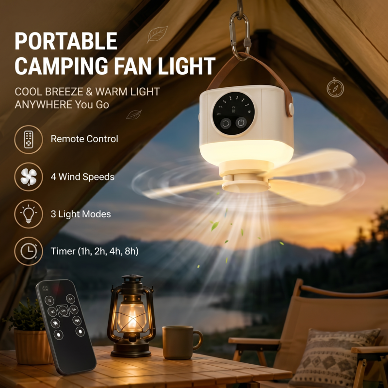 Ventilateur de camping portable Alphinea mettant en avant ses modes d'éclairage LED froid et chaud, ses quatre vitesses de ventilation et ses réglages de minuterie programmables.