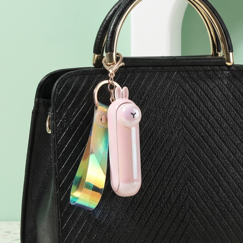 Pink rabbit style Alphinea portable mini fan conveniently clipped to the strap of a black handbag using its built-in keychain and holographic lanyard.