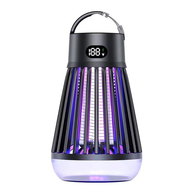 Photo de face du produit Alphinea noir, un destructeur de moustiques électrique rechargeable avec lanterne d'ambiance, doté d'un affichage numérique de la batterie et d'un crochet de suspension intégré.