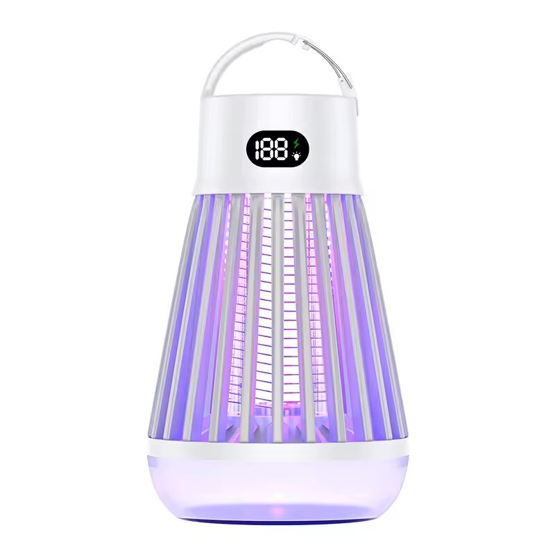 Photo de face du produit Alphinea, un destructeur de moustiques électrique rechargeable blanc faisant également office de lanterne d'ambiance, doté d'un affichage numérique de la batterie et d'un design élégant et moderne.