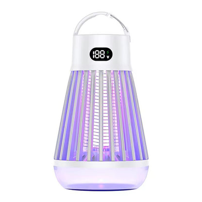 Photo de face du produit Alphinea, un destructeur de moustiques électrique rechargeable blanc faisant également office de lanterne d'ambiance, doté d'un affichage numérique de la batterie et d'un design élégant et moderne.
