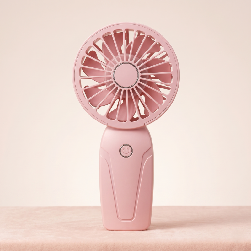 Alphinea rechargeable portable mini fan in pink, standing upright to showcase its sleek, ergonomic handheld design and desk-ready base.