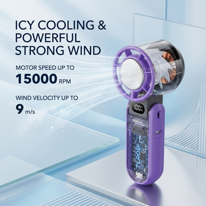 The Alphinea Rechargeable Portable Mini Fan in purple, featuring a transparent motor casing and an LED display. Text highlights "Icy Cooling & Powerful Strong Wind," a 15000 RPM motor, and 9 m/s wind velocity.