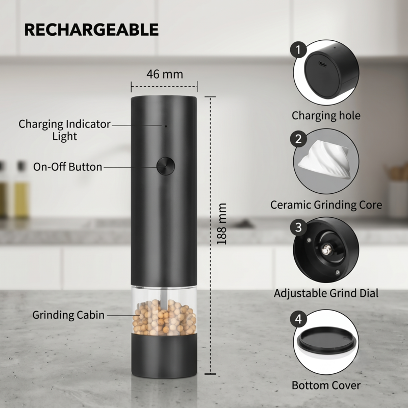 Schéma technique du moulin à sel et à poivre rechargeable Alphinea montrant le noyau en céramique et les composants réglables.