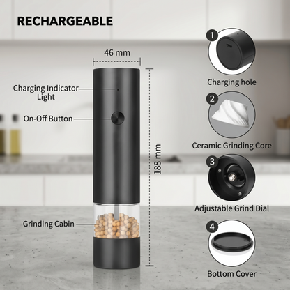 Schéma technique du moulin à sel et à poivre rechargeable Alphinea montrant le noyau en céramique et les composants réglables.