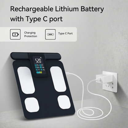 Balance connectée rechargeable Alphinea avec port de chargement Type-C pratique et protection de batterie intégrée.
