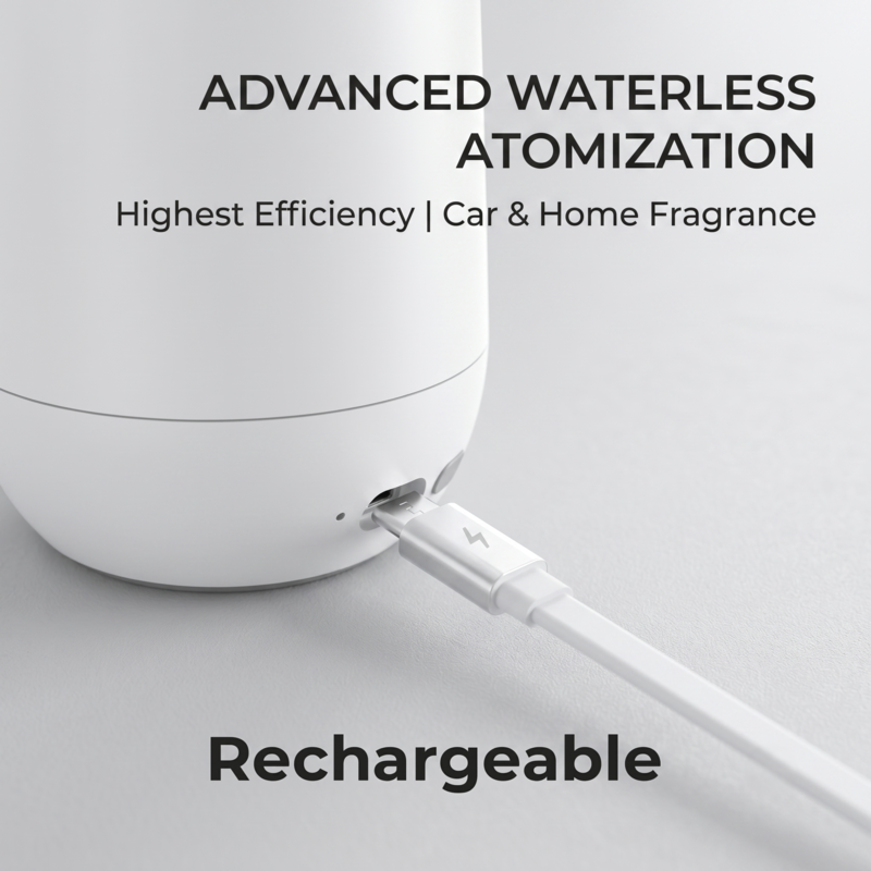 Gros plan sur un câble de chargement USB-C branché à la base du diffuseur d'atomisation sans eau rechargeable Alphinea Advanced.