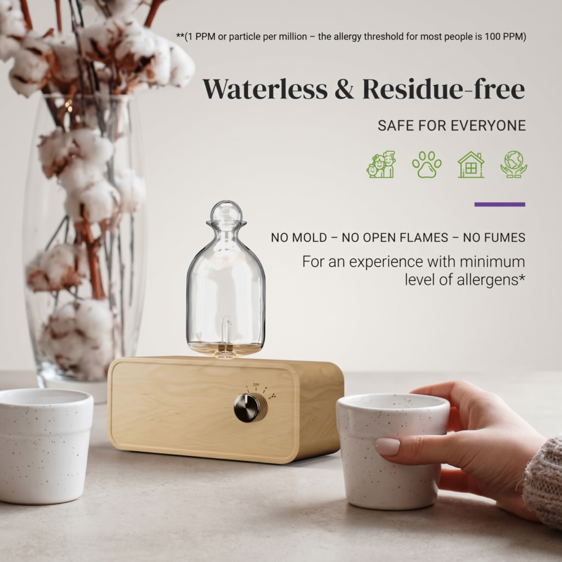 Image d'ambiance du diffuseur d'huiles essentielles sans eau Alphinea en bois clair sur une table basse, mettant en valeur sa technologie à air froid sûre, sans résidus, sans moisissures et sans flamme.