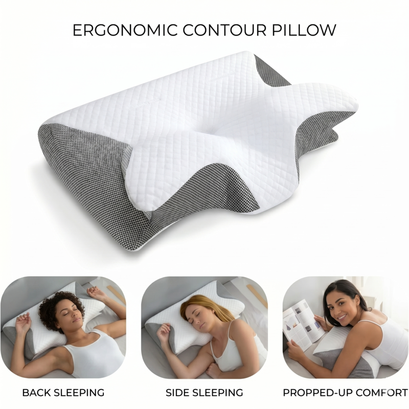 The Alphinea Restorative Butterfly System ergonomic pillow in grey and white, shown with three inset images of a woman demonstrating back sleeping, side sleeping, and propped-up comfort positions.
