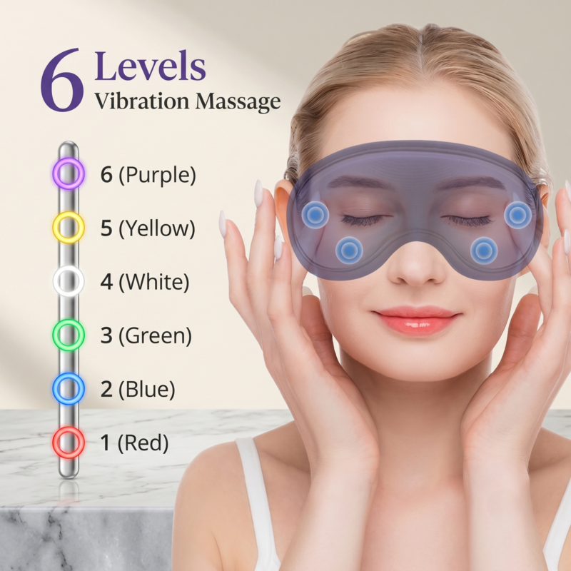 Masque pour les yeux Alphinea Revive présentant 6 niveaux distincts de massage par vibration avec indicateurs LED de couleur sur la télécommande.