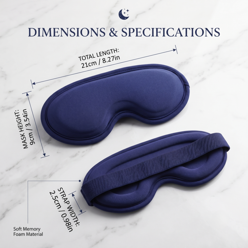 Dimensions et spécifications du masque chauffant pour les yeux Alphinea Revive, indiquant les mesures exactes de largeur, de hauteur et de longueur de la sangle.