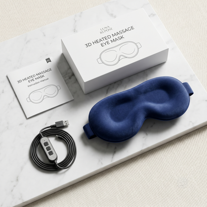 Déballage du masque de massage pour les yeux Alphinea Revive : présentation du masque 3D bleu marine, du câble de commande intelligent, du manuel d’instructions et de la boîte d’emballage de la marque.