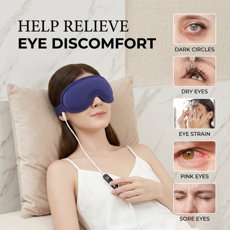 Une femme se détend avec le masseur oculaire Alphinea Revive, conçu pour soulager les cernes, la sécheresse oculaire, la fatigue oculaire et l'inconfort oculaire en général.