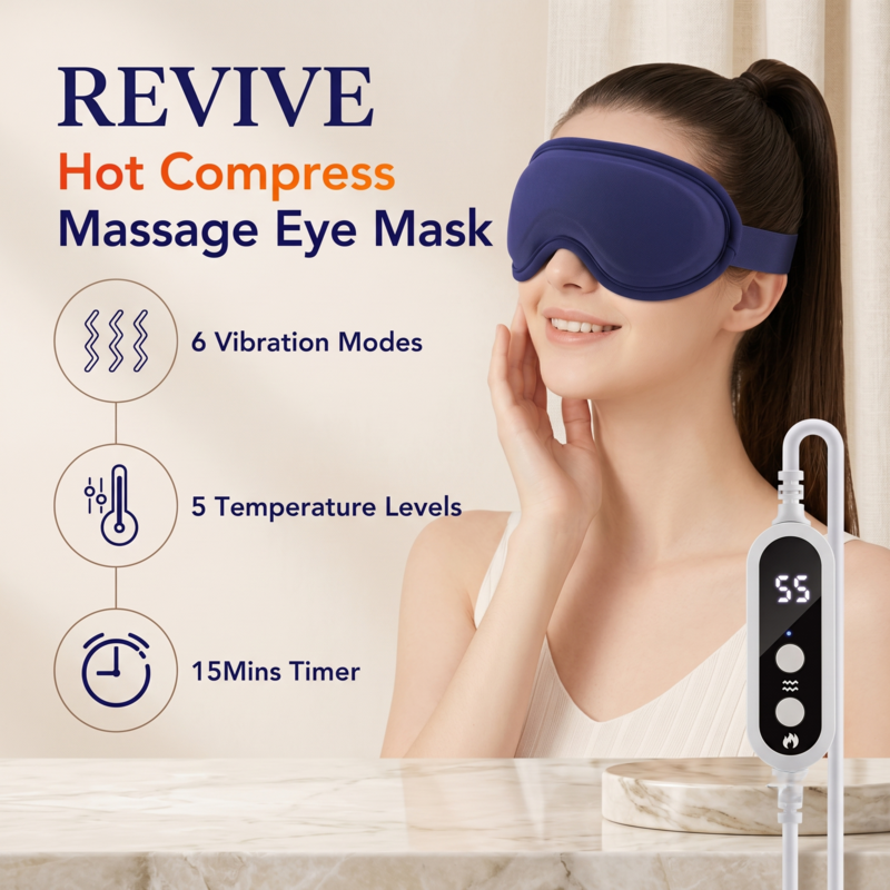 Masque oculaire chauffant et vibrant Alphinea Revive pour massage par compresse chaude, doté de 6 modes de vibration, 5 niveaux de température et une minuterie de 15 minutes.