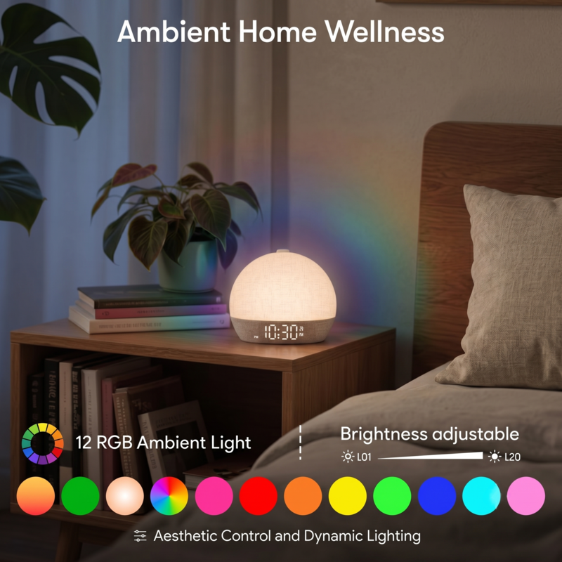 Alphinea ambient wellness lamp displaying a vibrant RGB color-changing spectrum on a bedroom nightstand.