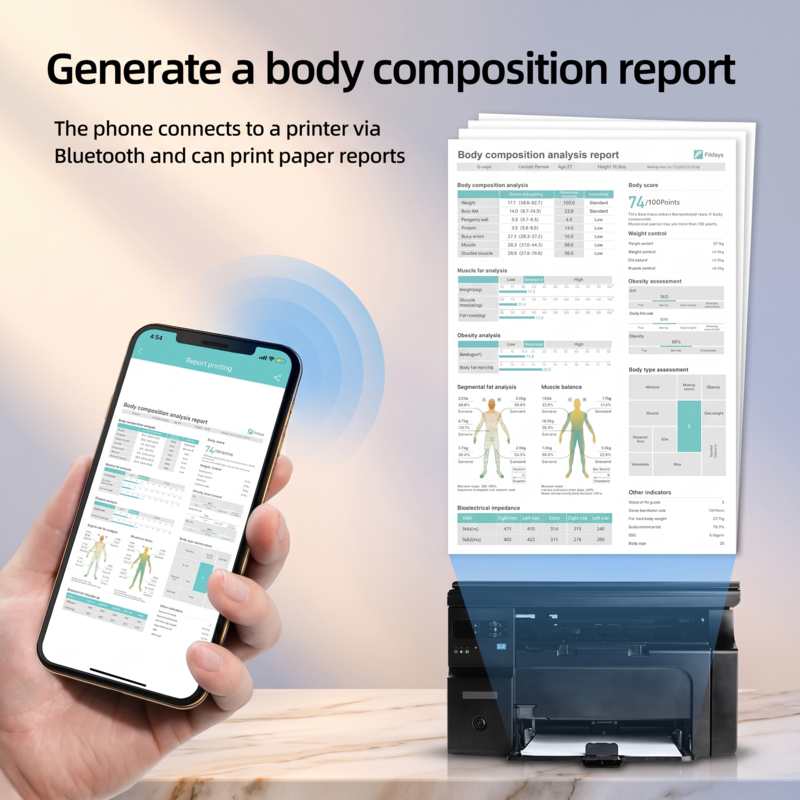 L'application Alphinea pour balance connectée génère un rapport détaillé et imprimable sur la composition corporelle via une connexion Bluetooth.