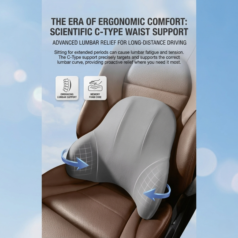 Alphinea gray memory foam lumbar support cushion installed on a beige car seat, demonstrating scientific C-type waist support to promote comfortable seating posture during long-distance driving